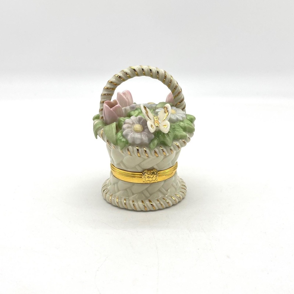 Lenox Treasures Basket of Blossoms Hinged Trinket Box Porcelain Gold Trim Floral